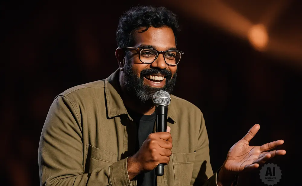Comedian Romesh Ranganathan laughs into a microphone while wearing glasses and a green jacket.