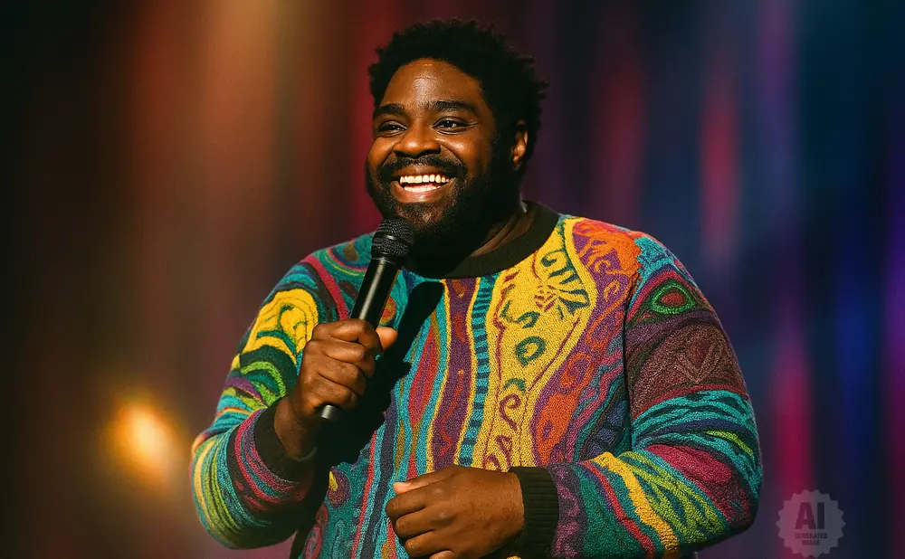 Comedian Ron Funches on stage wearing a colorful sweater, holding a microphone and smiling.