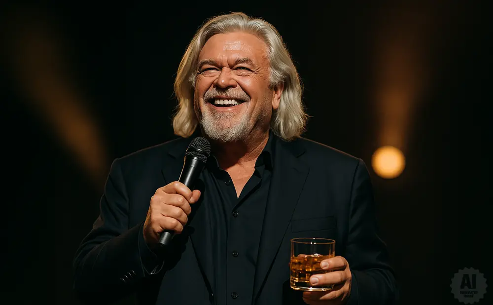 A man with long gray hair and a beard smiles widely, holding a microphone and a glass of whiskey on stage.