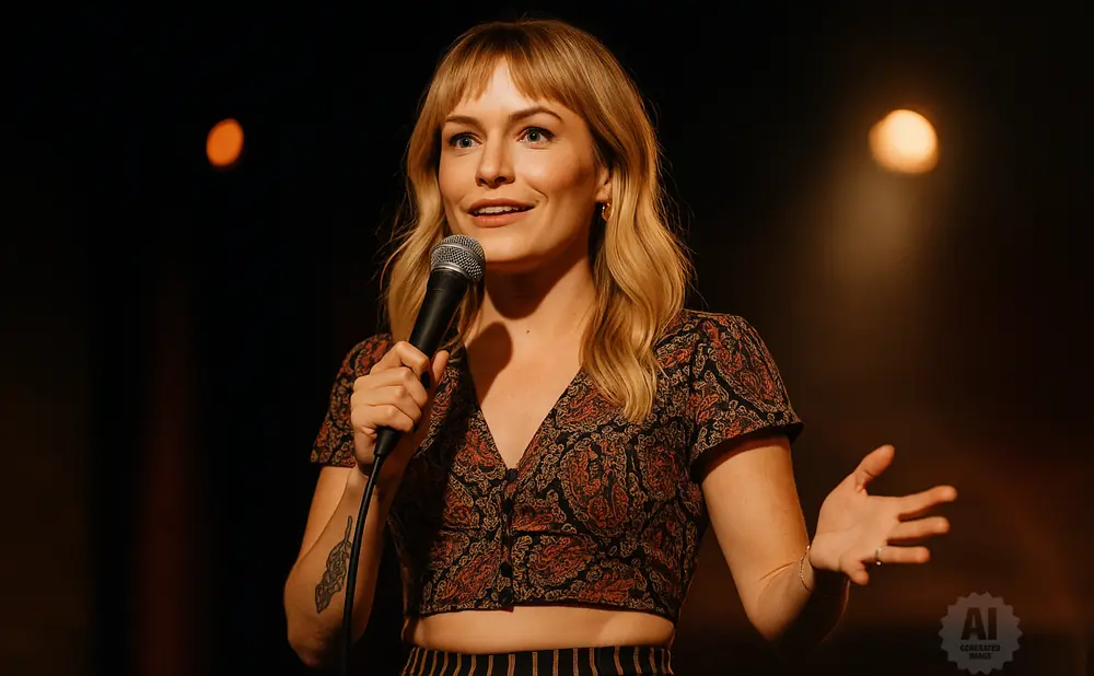 A woman with blonde hair and bangs holds a microphone, speaking on stage in a patterned crop top and striped pants.
