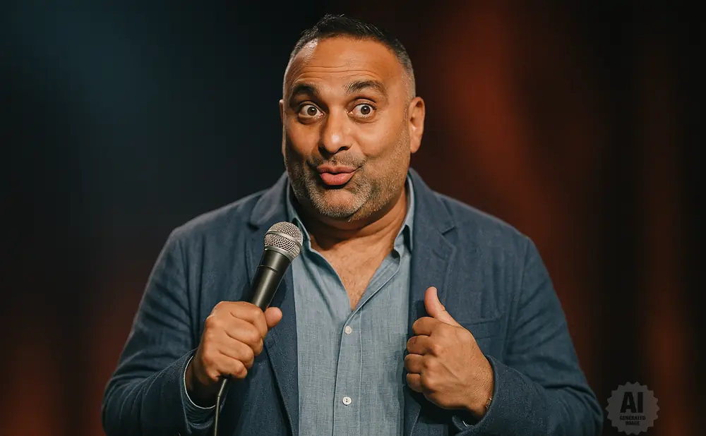 Comedian Russell Peters holds a microphone, making a surprised expression on stage.