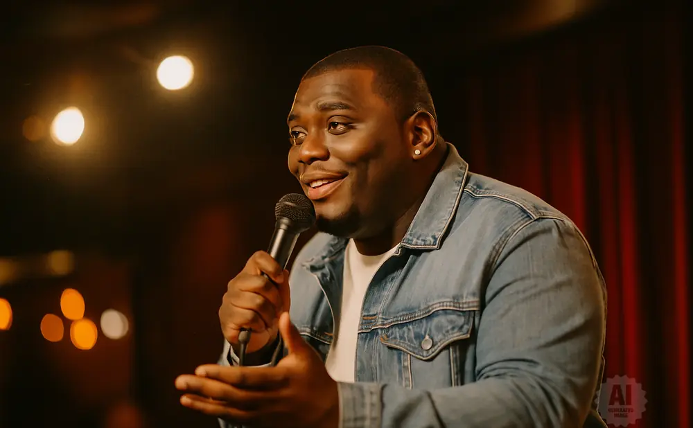 A Black man in a denim jacket speaks into a microphone, with warm stage lights in the background.