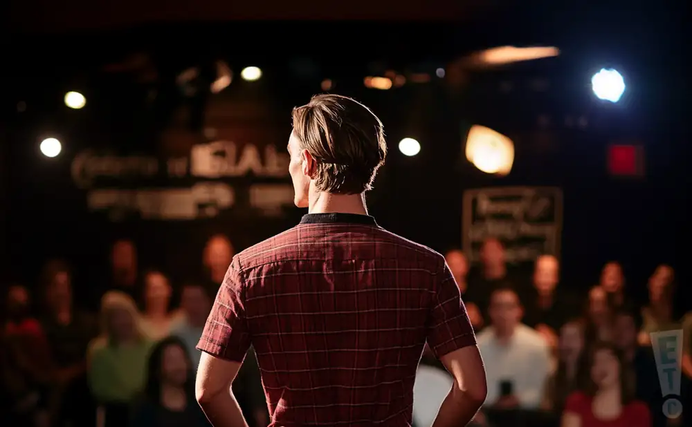 a rear view photo of comedian ryan kelly  performing a comedy act on stage