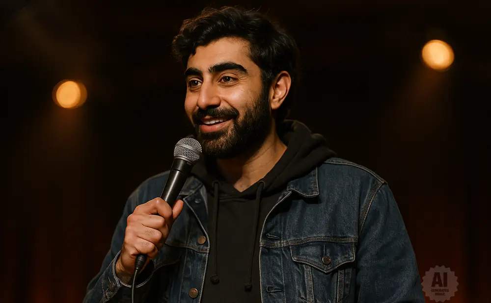A man with dark hair and a beard, wearing a denim jacket and hoodie, holds a microphone and smiles.