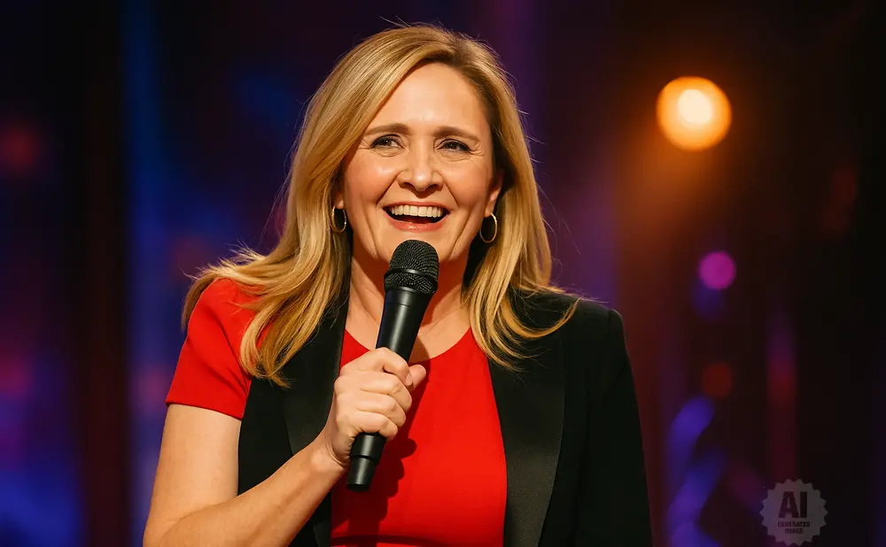 Woman with blonde hair in a red shirt and black blazer holds a microphone and smiles.