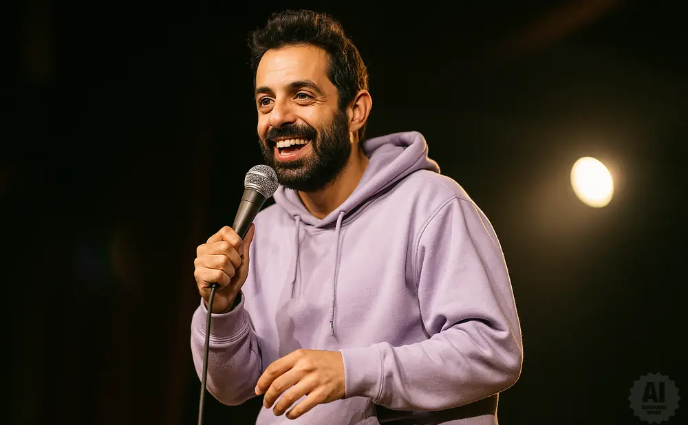 A man in a purple hoodie laughs while holding a microphone on a dark stage with a spotlight.