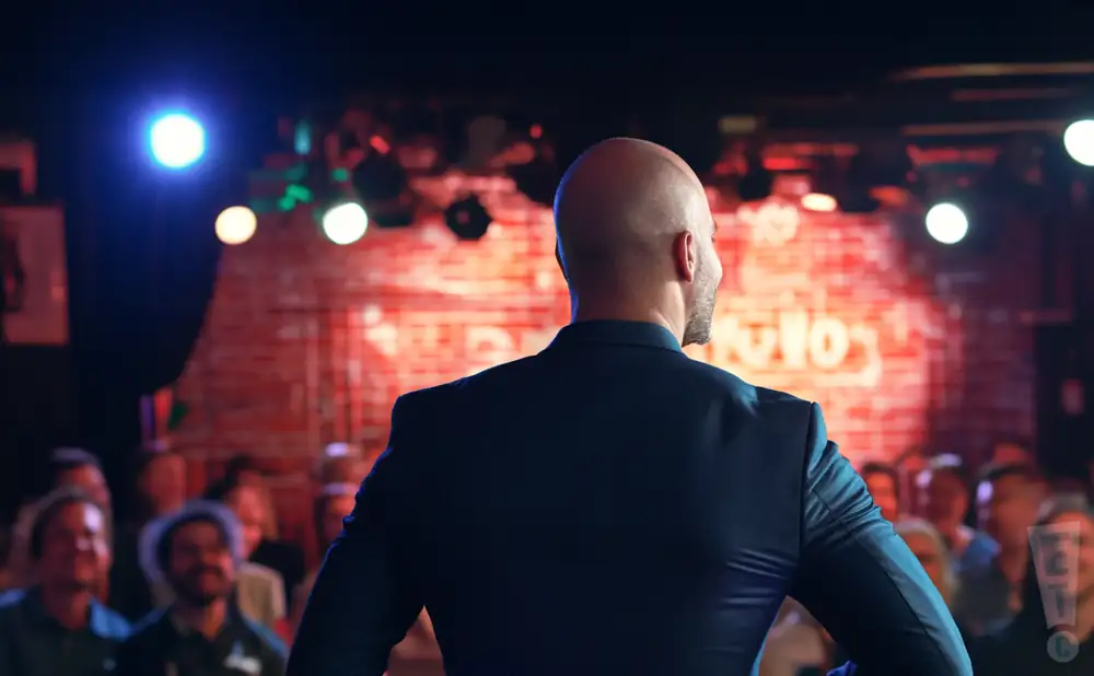 a rear view photo of comedian sergio novoa performing a comedy act on stage
