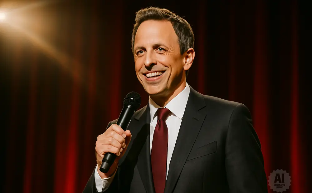 Seth Meyers smiles and holds a microphone on a stage with red curtains.
