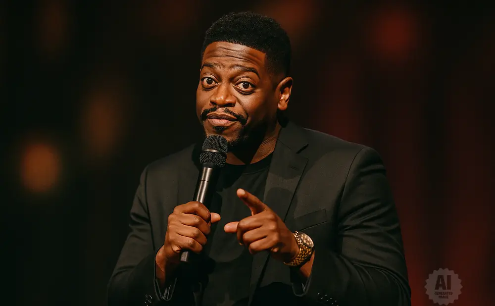 Comedian Chris Tucker, wearing a black suit and t-shirt, points at the camera while holding a microphone.
