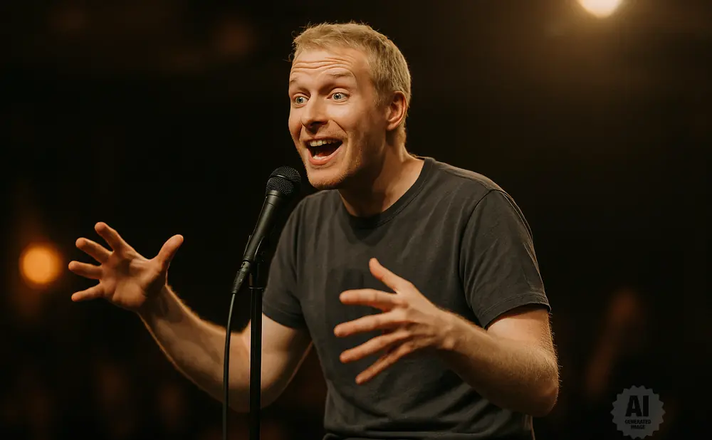 A man with blond hair and a gray t-shirt tells a joke into a microphone, gesturing with his hands.