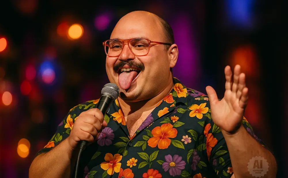 A man in a floral shirt and glasses sticks his tongue out while holding a microphone and waving.
