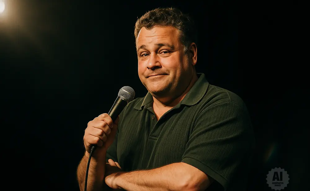 Man in a green polo shirt holds a microphone and looks up with a smile.