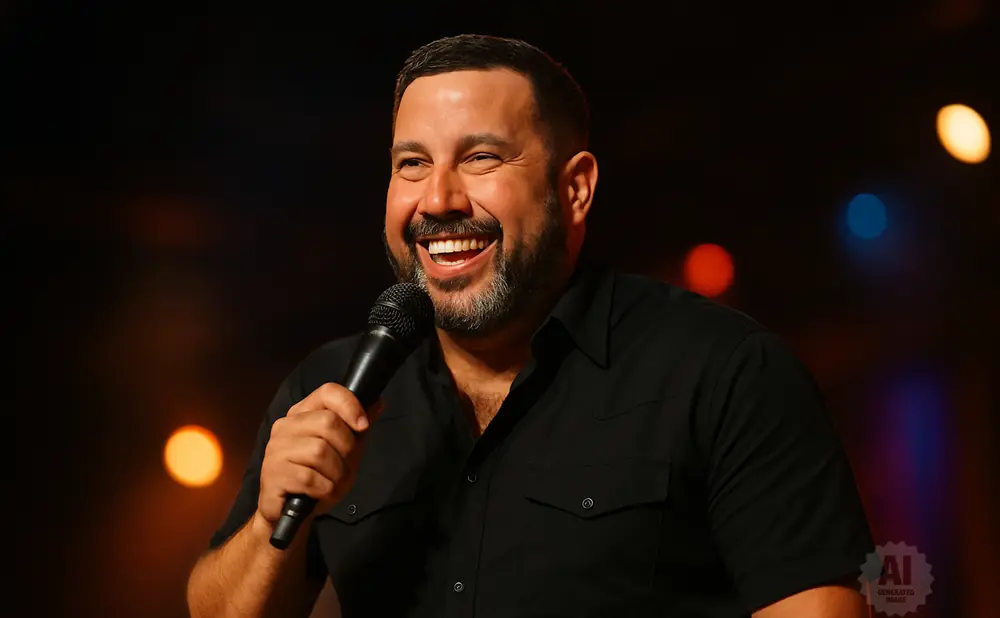 A smiling man with a beard holds a microphone while wearing a black shirt.