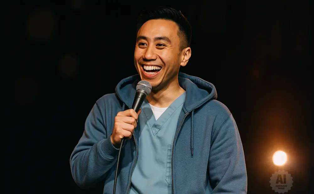 A man in a blue hoodie and scrubs laughs while holding a microphone.