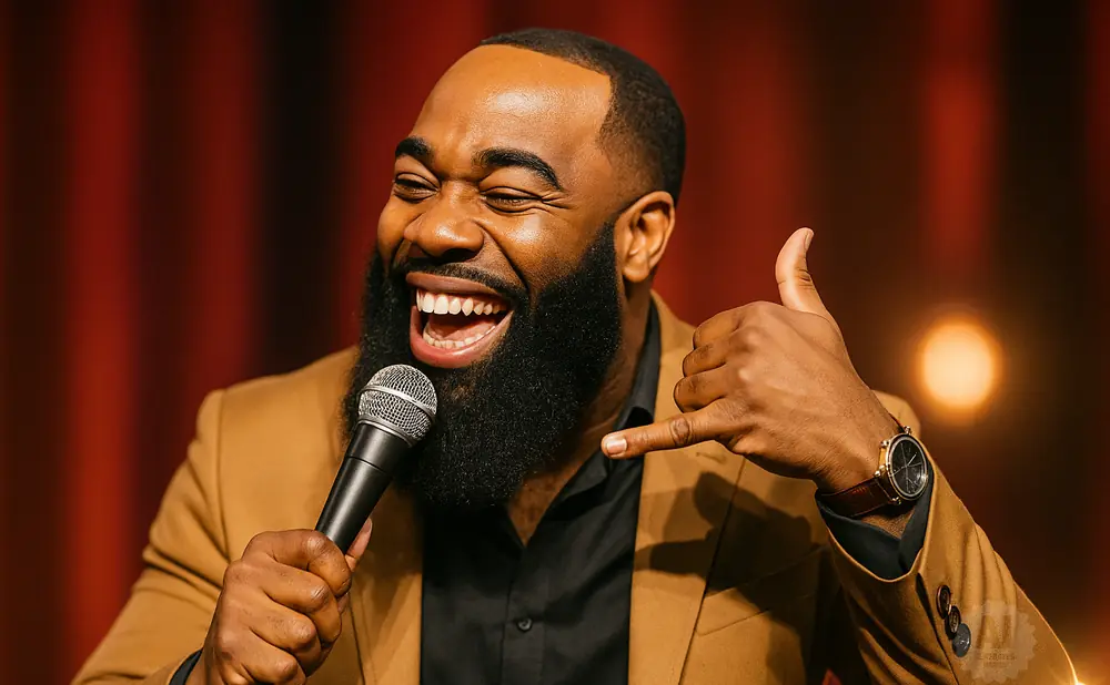 A Black man with a beard laughs while holding a microphone and making a 