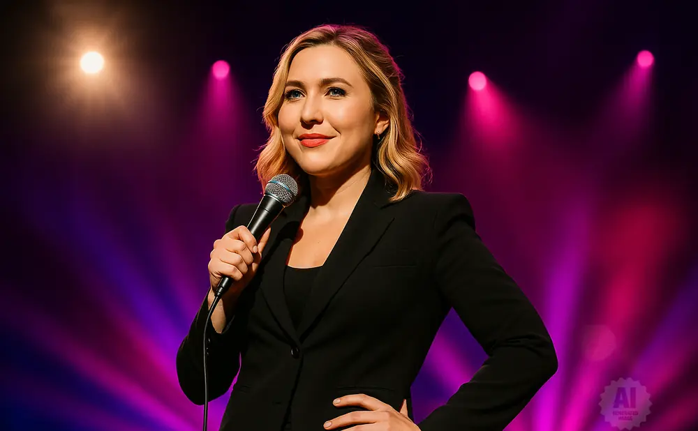 A blonde woman in a black suit holds a microphone and smiles on a purple-lit stage.