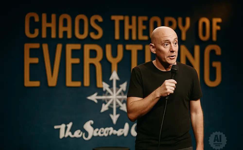 A bald man in a black t-shirt stands on stage, holding a microphone and speaking.