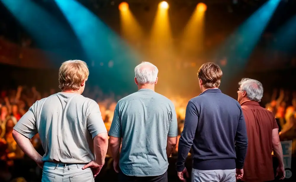 a rear view photo of comedian the state performing a comedy act on stage
