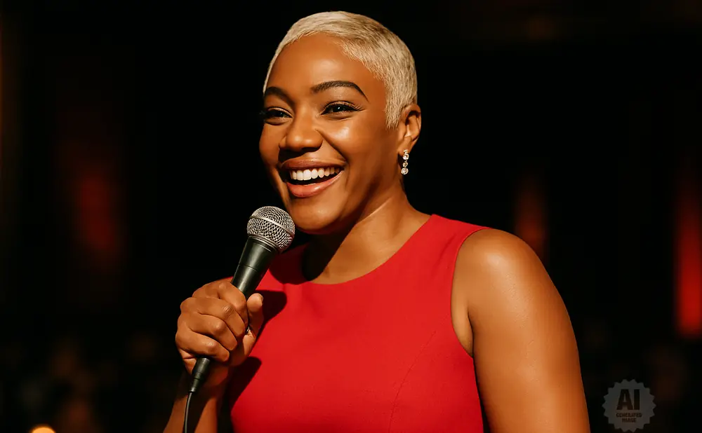 A Black woman with short blonde hair in a red dress holds a microphone and laughs onstage.