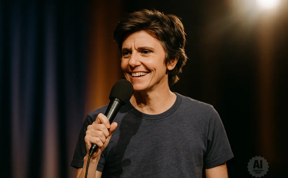 Comedian Tig Notaro smiles while holding a microphone on stage.