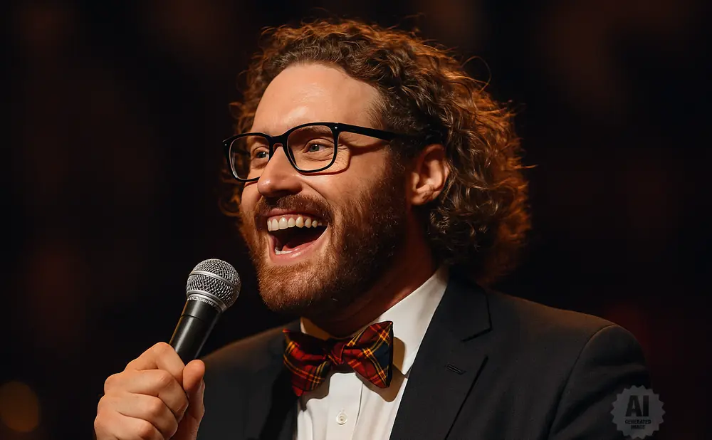 A man with curly hair and glasses sings into a microphone, wearing a suit and plaid bowtie.