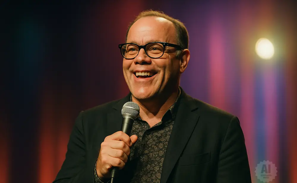 A smiling man in glasses holds a microphone on stage with colorful lights in the background.
