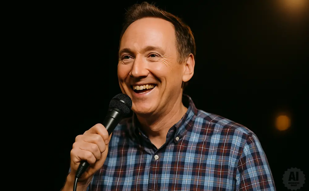 A man in a plaid shirt holds a microphone and laughs against a black background.