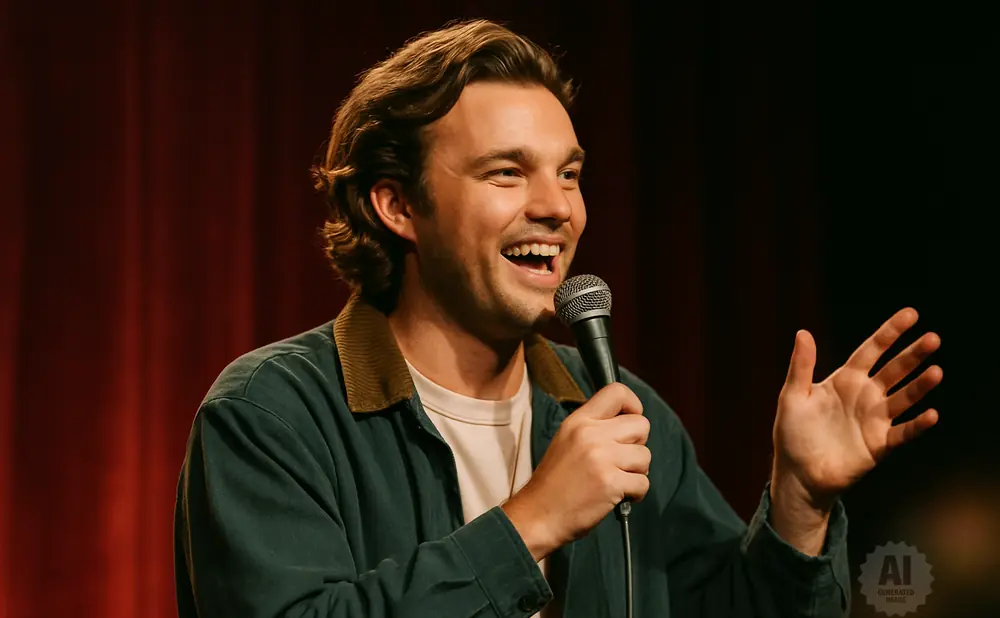 A man with brown hair laughs into a microphone while gesturing with his hand.