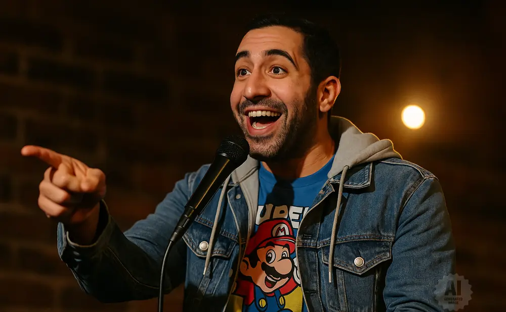 A man with a beard, wearing a denim jacket over a Super Mario shirt, points forward while speaking into a microphone.