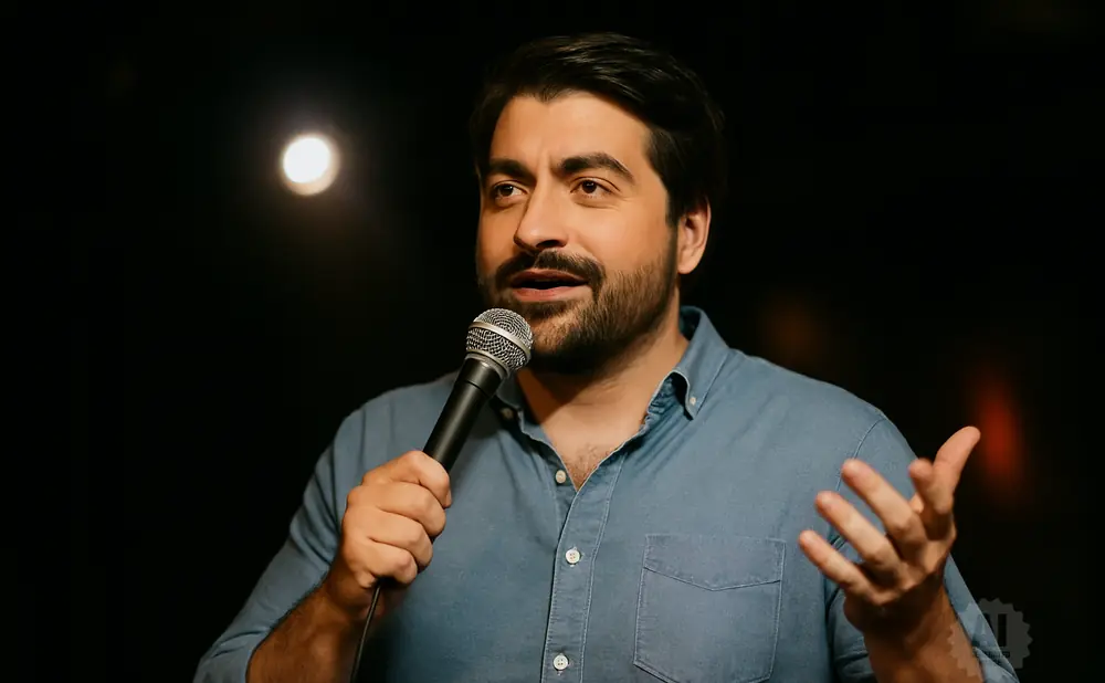 Man in a denim shirt holds a microphone and gestures with his hand.