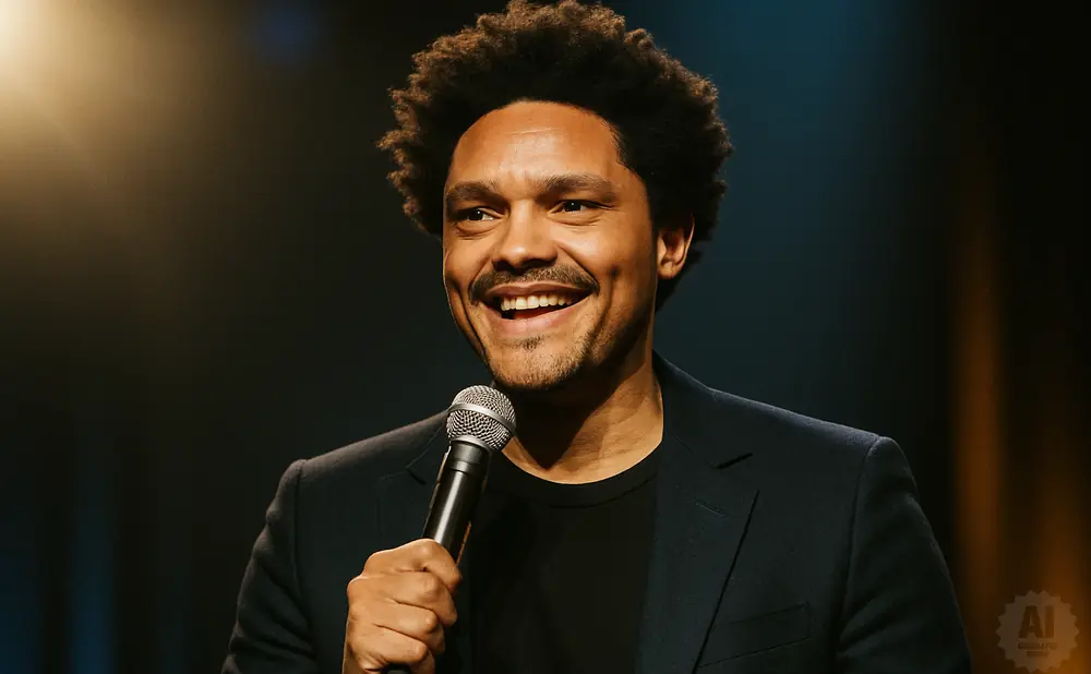 Trevor Noah smiles and holds a microphone on stage.