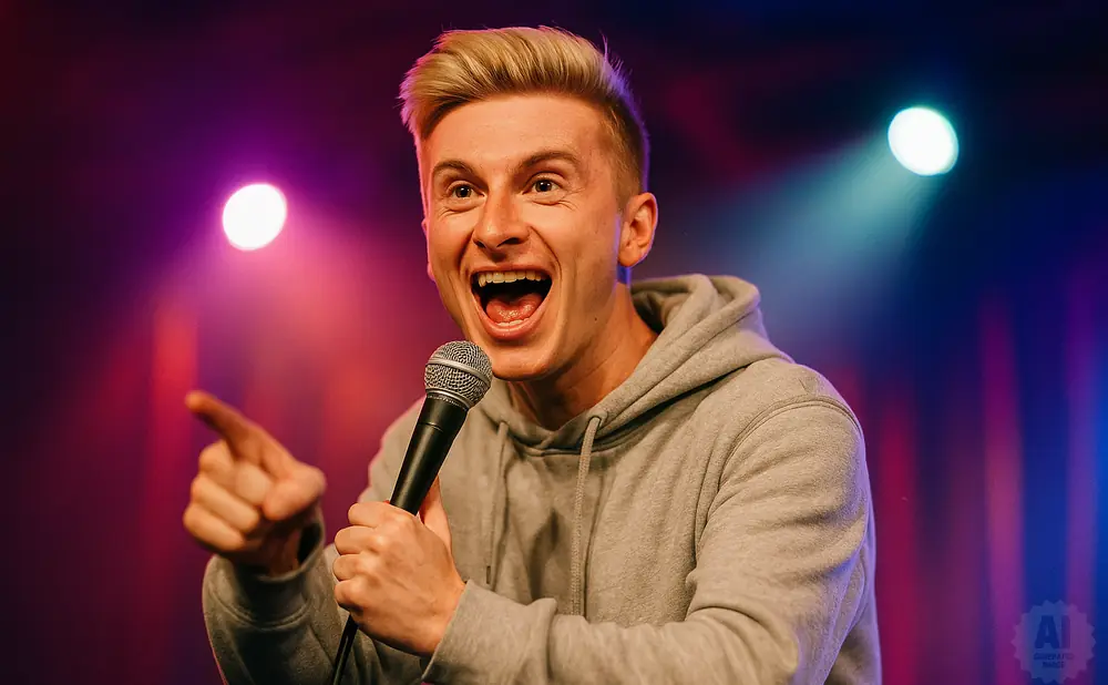 A man with blond hair smiles and speaks into a microphone on a stage with purple and blue lights.