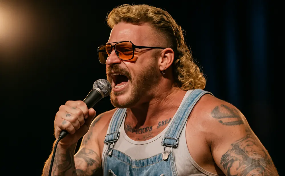 A man with a mullet and sunglasses sings into a microphone while wearing overalls.