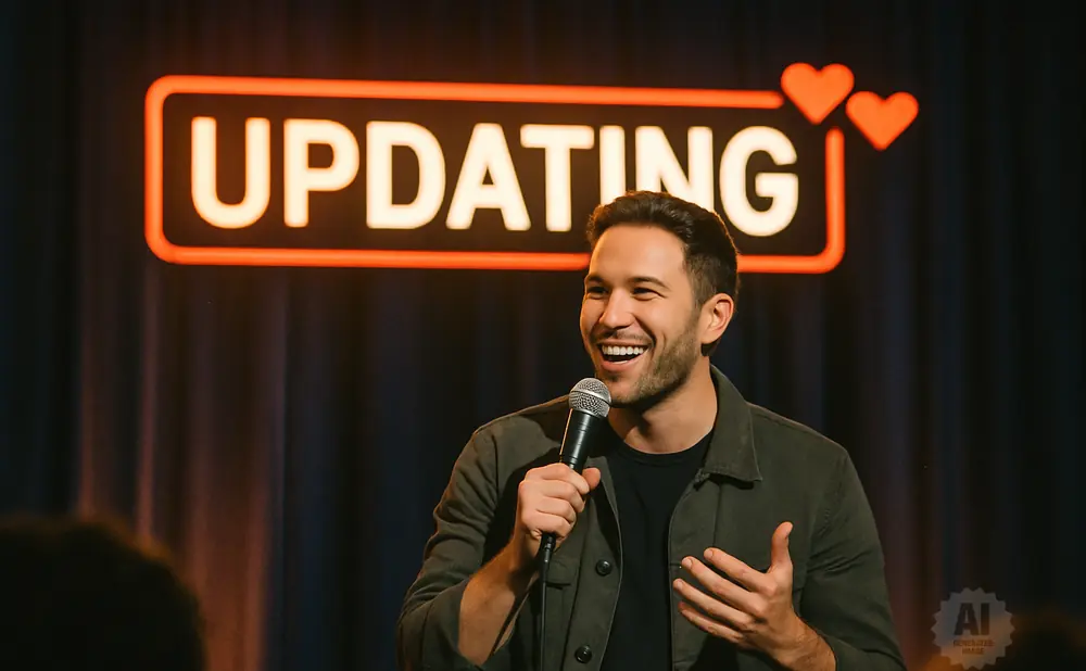 A man smiles and holds a microphone on stage with 