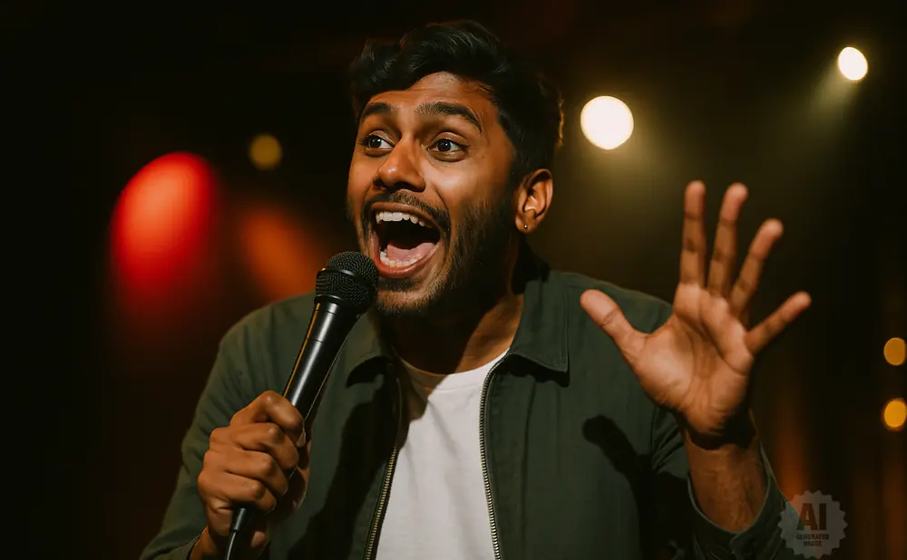 A man with a microphone speaks with his mouth open and hand raised.