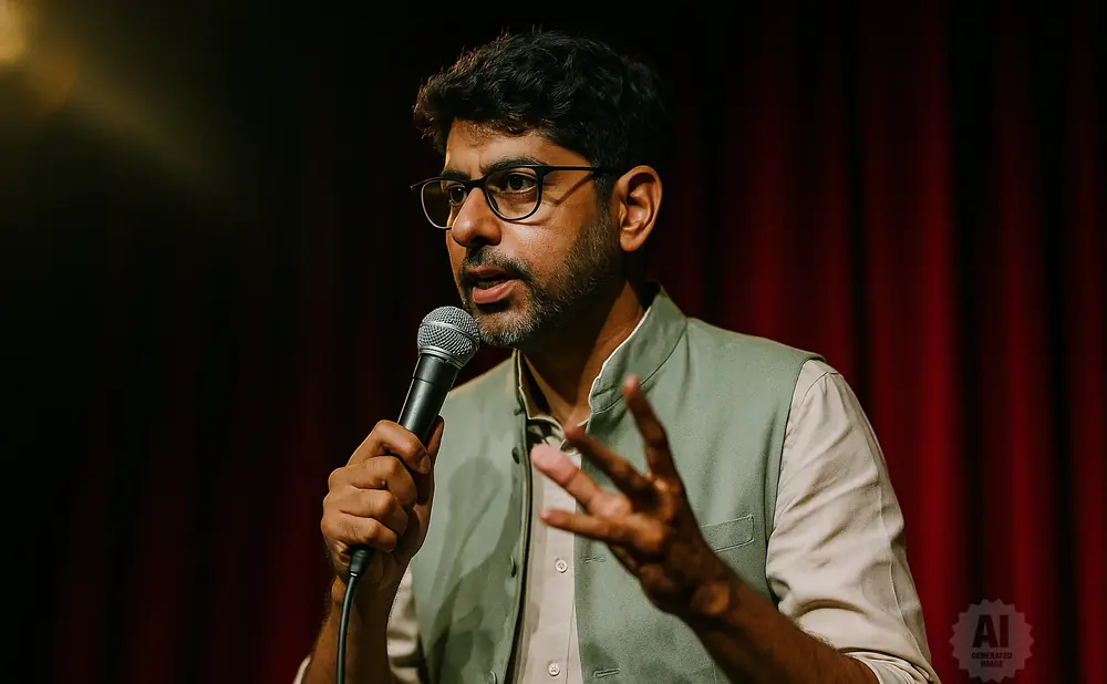 A man with glasses and a beard speaks into a microphone, gesturing with his hands, in front of red curtains.