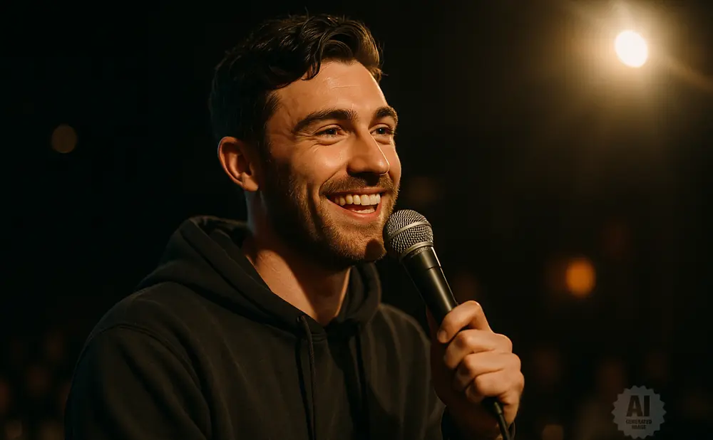 A man in a black hoodie smiles and holds a microphone, with a spotlight on him.