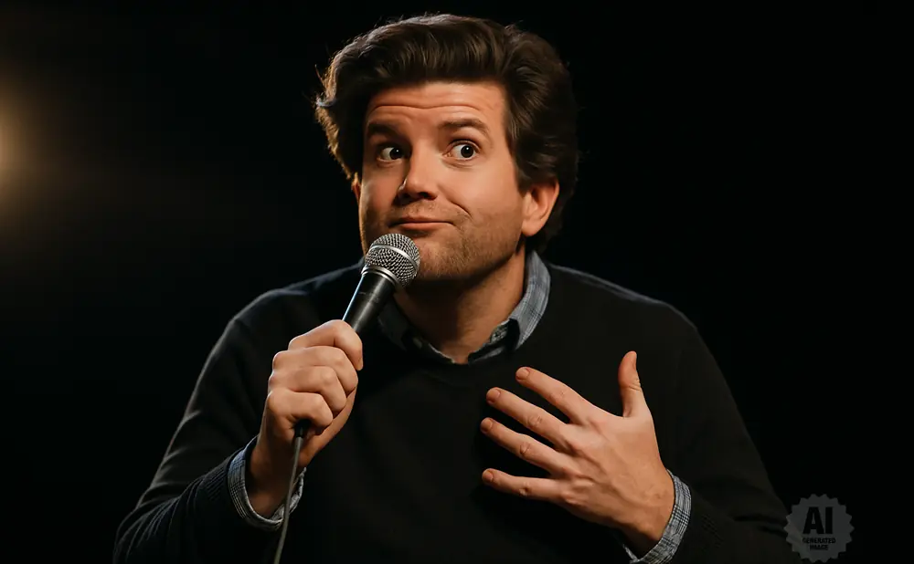 A comedian holding a microphone and gesturing with his hand.