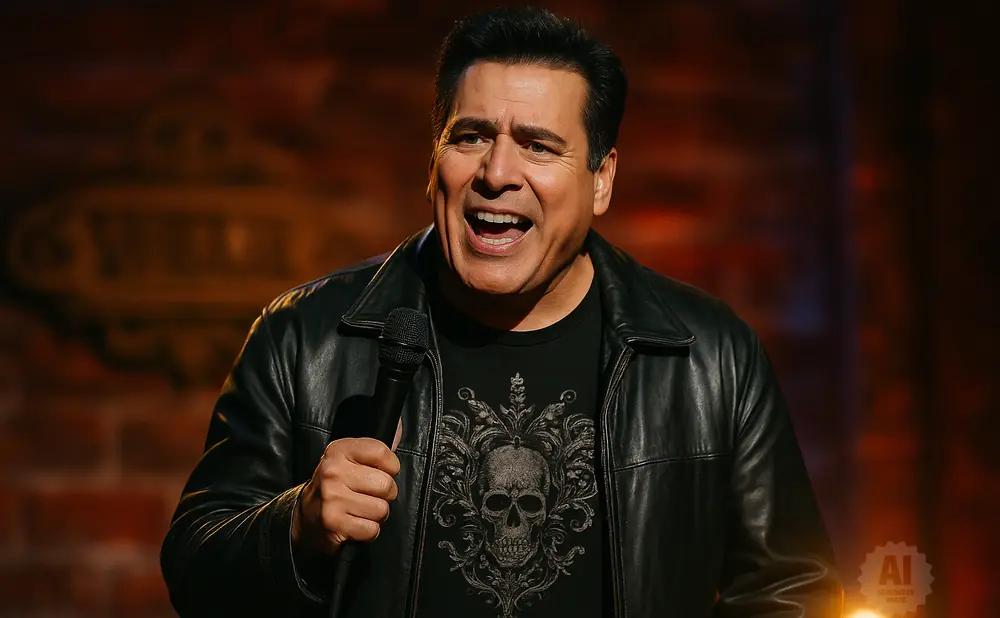 Comedian Carlos Mencia performs on stage, holding a microphone and wearing a black leather jacket.