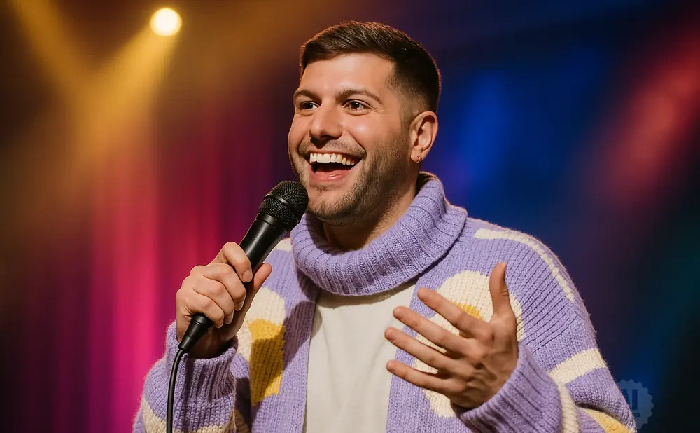 A man in a lavender sweater with a flower pattern holds a microphone and smiles warmly on a stage with colorful lights.