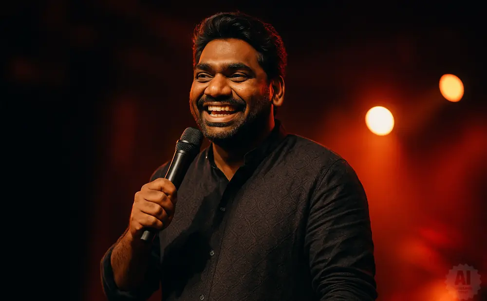Comedian holding a microphone and laughing on a stage with orange lighting.