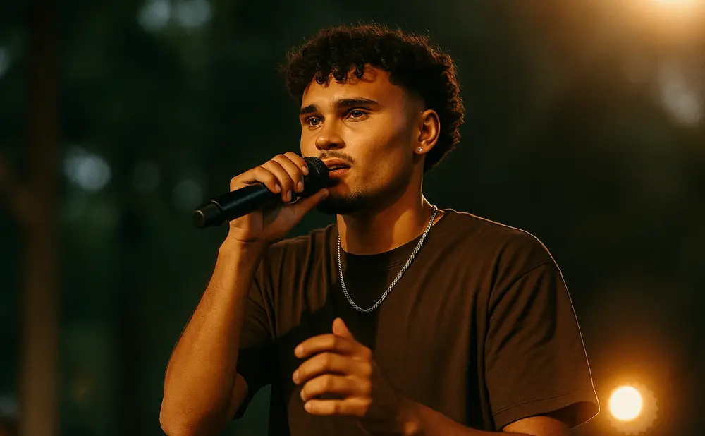 Young man singing into a microphone under warm lighting.