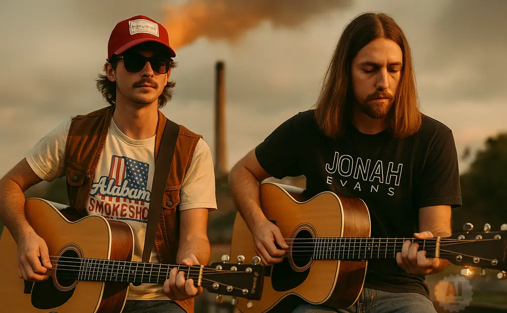 Two men with acoustic guitars, one wearing a red cap and sunglasses, the other with long hair.
