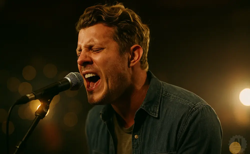 Man singing passionately into a microphone, eyes closed and mouth open wide.