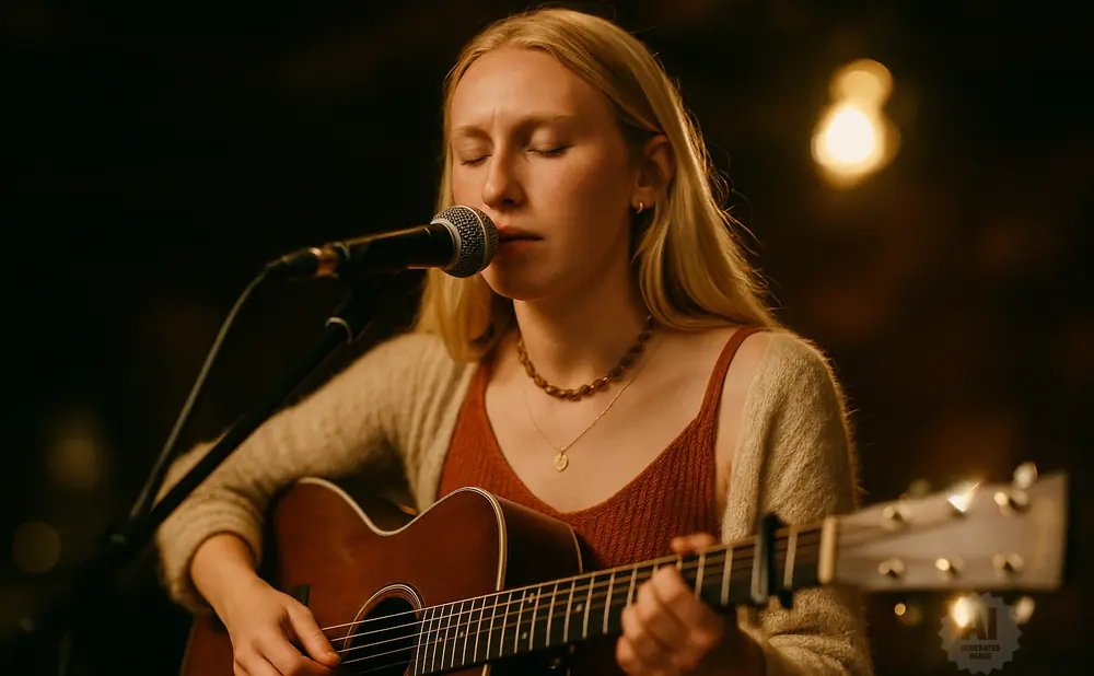 A woman with blonde hair plays an acoustic guitar and sings into a microphone.