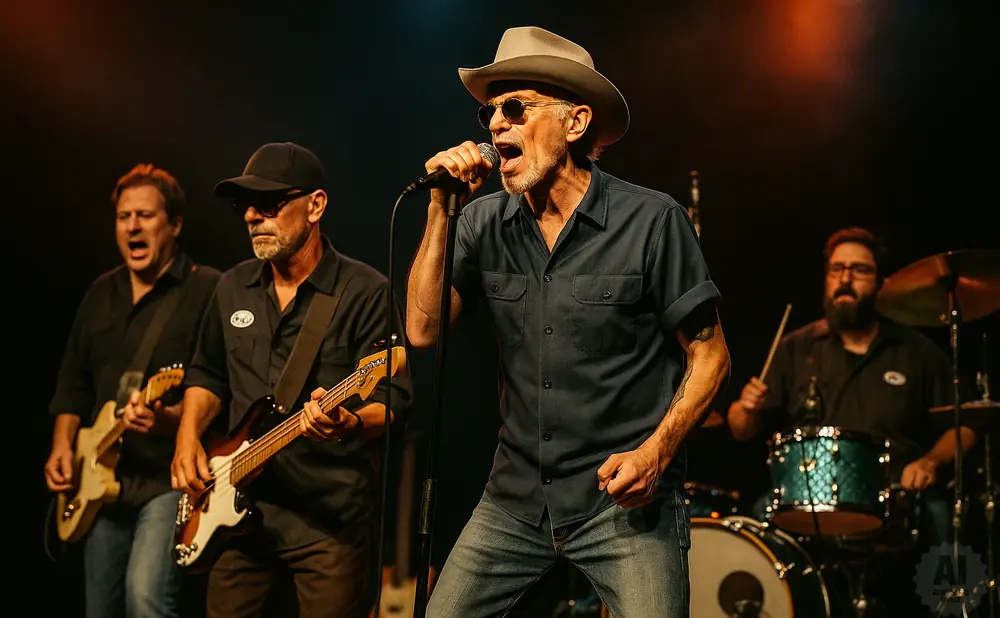 A band performing live with a singer in a hat, bassist, guitarist, and drummer on stage.