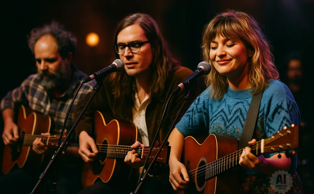 Three musicians playing acoustic guitars and singing into microphones on a dimly lit stage.