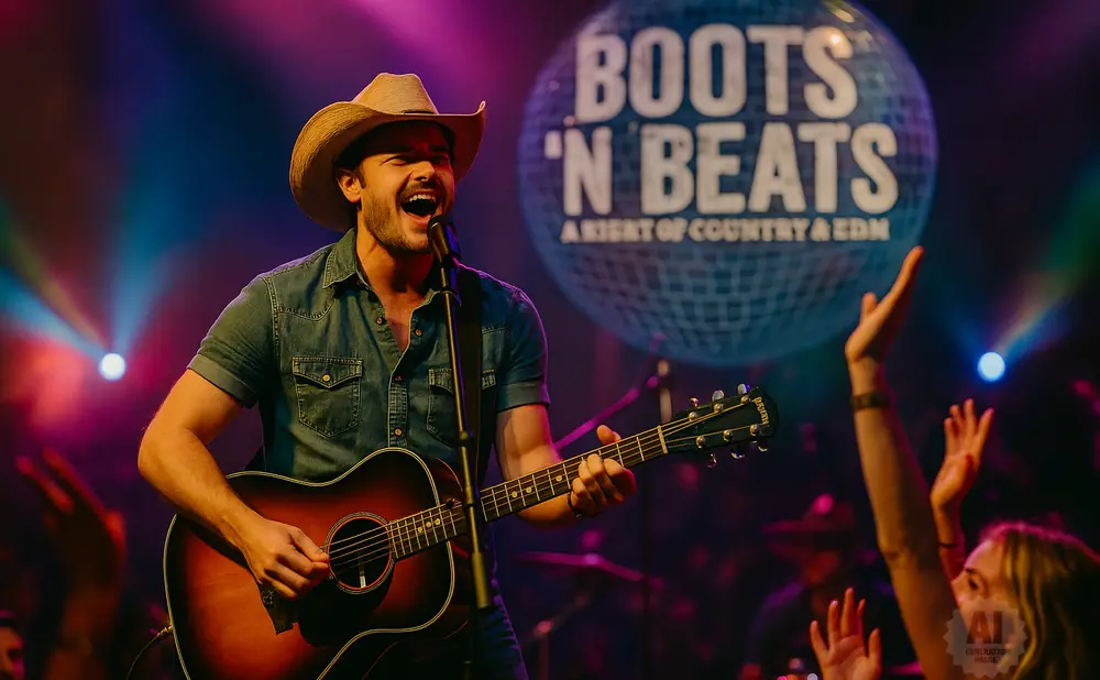 A male country singer in a cowboy hat sings and plays guitar on stage with a disco ball behind him.