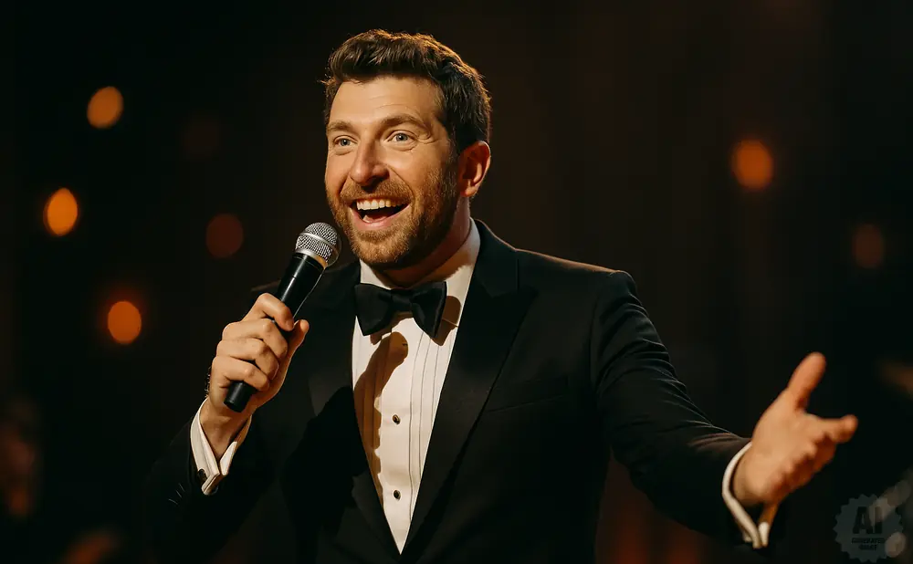 A man in a tuxedo holds a microphone and speaks into it with his mouth open and a hand outstretched.