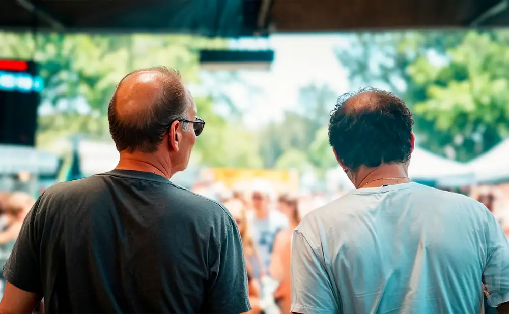 a rear view photo of buskin and batteau and friends performing a concert on stage to a lively audience